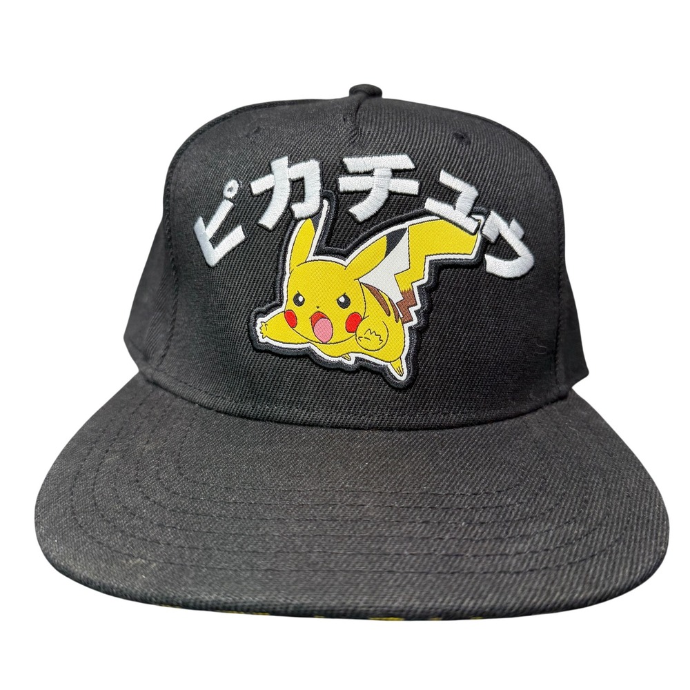 Pokemon Snapback Hat Mens OSFM Black Pikachu Japanese Katakana Flat Brim Cap